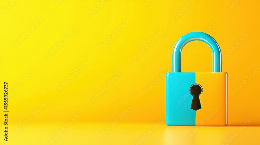 Fototapeta premium Colorful padlock sits against a vibrant yellow background, symbolizing security and protection in a modern, playful design