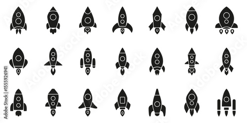 Rocket Ship Solid Icon Set. Space Exploration, Innovation, And Technology Silhouette Symbol Collection. Futuristic Design And Adventure Concept. Isolated Vector Illustration