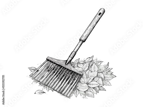 Autumn rake garden tool engraving, vintage fall sketch, seasonal yard cleanup design, retro hand-drawn outdoor decor, rustic black engraving style, trendy fall harvest illustration
