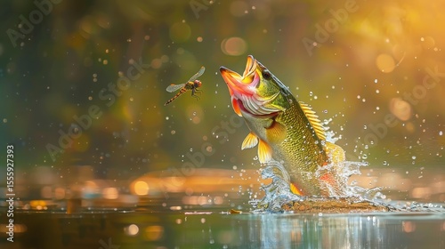 Largemouth Bass Leaping from Water Chasing Dragonfly on Sunny Summer Day