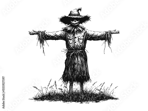 Seasonal autumn scarecrow engraving, vintage hand-drawn farm motif, retro field protector illustration, black sketch style, old engraving technique, countryside harvest decor