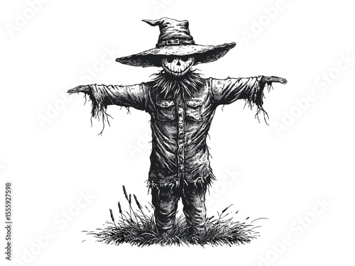 Vintage autumn scarecrow engraving, seasonal farm decor, hand-drawn field protector, retro black sketch, old engraving style, rustic countryside illustration, harvest theme