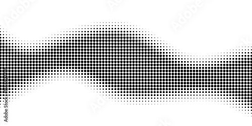 Dot gradient wave pattern. Abstract halftone black and white dotted background with curved gradient effect. Retro comic book style texture wallpaper. Graphic vector illustration.