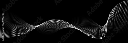Wave abstract pattern. Flow of white curved dotted line vector illustration isolated on black background. Dynamic shiny swirl backdrop. Digital, technology, ai, music, modern design element.