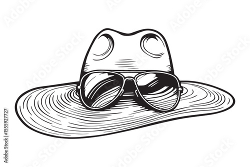Hat and sunglasses line art and black color