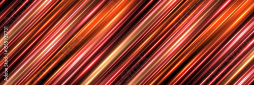 Abstract light speed background with diagonal red, orange and gold lines on black. Game futuristic backdrop. Vibrant dynamic energy waves pattern. Modern technology vector illustration.