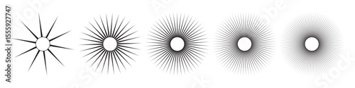 Sun icons with radial rays. Set of sunburst and starburst elements with varying line thickness and density. Retro comic or vintage engraving style rays. Abstract vector illustration.