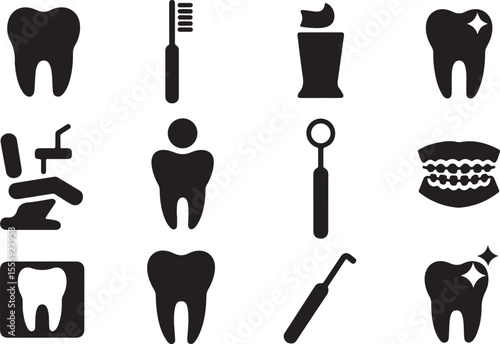 Dental Care Icons Toothbrush, Teeth, Dentist Chair, and More