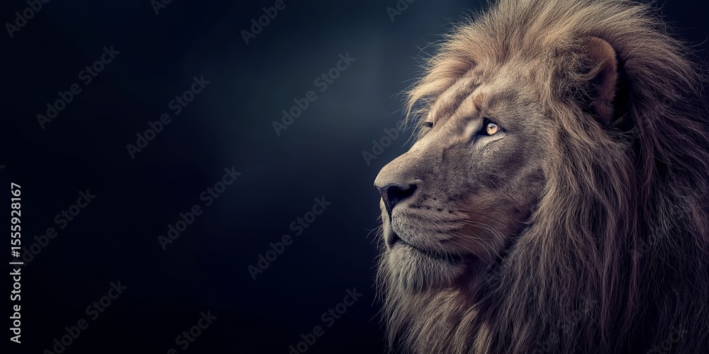 Naklejka premium Lion of Judah, Christian bible symbolism background wallpaper with copy space. Artistic painting, cinematic style