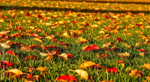 Green Grass Fallen Autumn Leaves Rich Earthy Tones Seasonal Ground