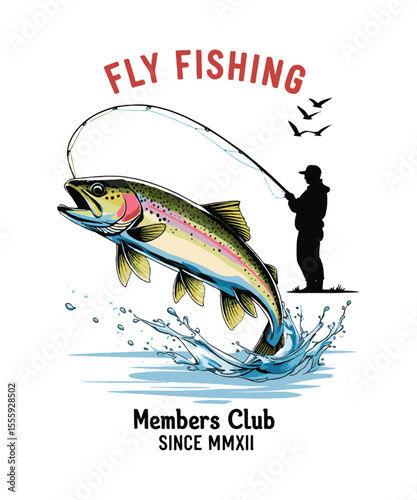 Scalable modern vector illustration depicting a dynamic fly-fishing scene t-shirt print , leaping rainbow trout, highly detailed, easily editable.