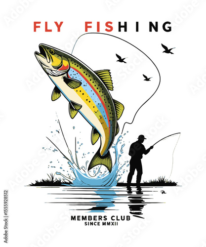 Scalable modern vector illustration depicting a dynamic fly-fishing scene t-shirt print , leaping rainbow trout, highly detailed, easily editable.