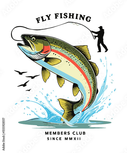 Scalable modern vector illustration depicting a dynamic fly-fishing scene t-shirt print , leaping rainbow trout, highly detailed, easily editable.