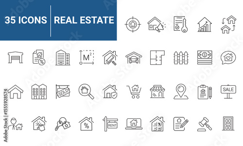 Real Estate set of web icons in line style. Realty icons for web and mobile app. Purchase and sale of housing, property, rental premises, insurance, realty, home loan, mortgage and more