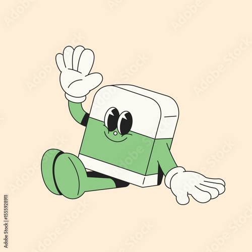 Cartoon Eraser Character Waving Hello. Retro Cartoon Style