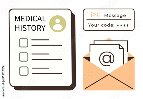 Medical history checklist beside email envelope with health icon emphasizing secure digital communication. Ideal for healthcare, security, data exchange, technology, medical access, online services