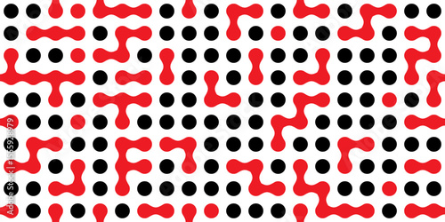 Abstract black and red metaball pattern with connected organic shapes and circular dots. Seamless futuristic background for modern design. Trendy vector illustration.