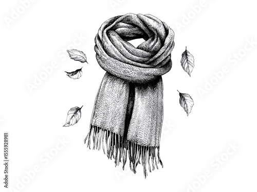 Vintage autumn scarf engraving, seasonal fashion accessory, retro sketch style, hand-drawn fall clothing, black sketch artwork, trendy old engraving, autumn wardrobe illustration