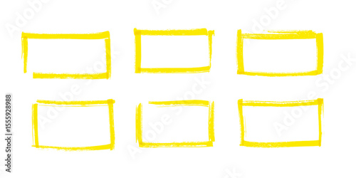 Hand-drawn rectangular frames in yellow marker style. Color crayon borders with rough brush strokes isolated on white background. Sketchy frames for design, notes, social media. Vector illustration.