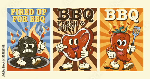 Summer BBQ poster set with funny food characters. Grilled coal, steak, spicy chili pepper in retro comic style. Fresh barbecue vector pack with fire and flames