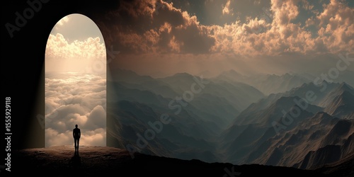 Man standing in front of heaven gate in the sky background wallpaper with copy space. Christian religious backdrop
