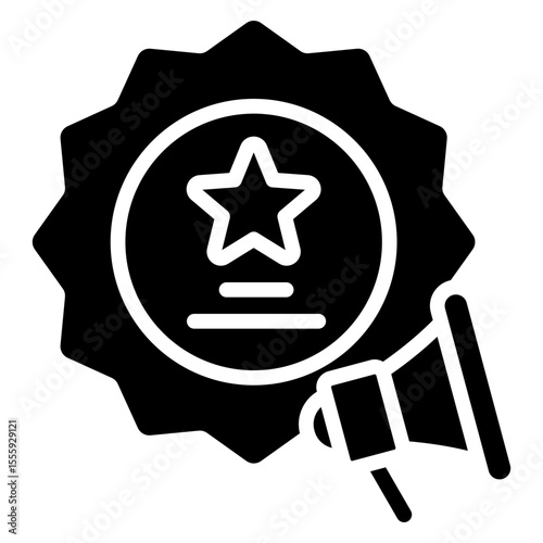 Brand Promotion Glyph Black Fill Silhouette Style Icon - Award badge with megaphone, symbolizing public promotion or endorsement of a product or achievement