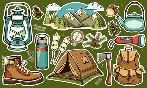 Summer camping stickers in retro style. Hiking, backpacking, outdoor travel, forest adventures, gear, bonfire, map, tent. Fun funky wilderness set of patches, labels, stamps