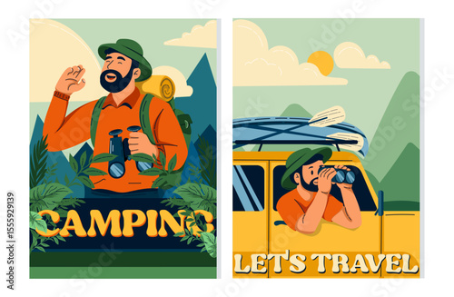 Summer retro camping and travel posters. Tourist with backpack and binoculars in nature. Adventure road trip flat illustrations set