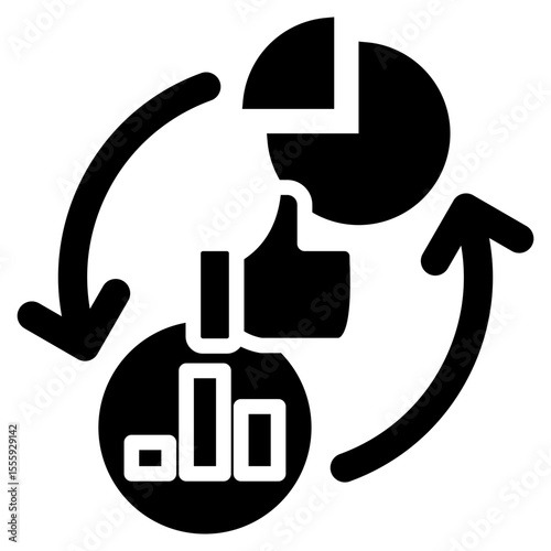 Content Strategy Glyph Black Fill Silhouette Style Icon - Pie chart and arrows illustrate the process of content planning, strategy, and distribution