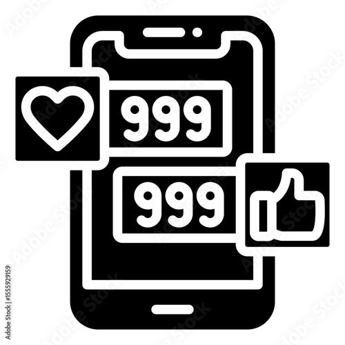 Engagement Rate Glyph Black Fill Silhouette Style Icon - Smartphone showing high counts of likes and hearts, representing social media popularity, social stats, or metrics