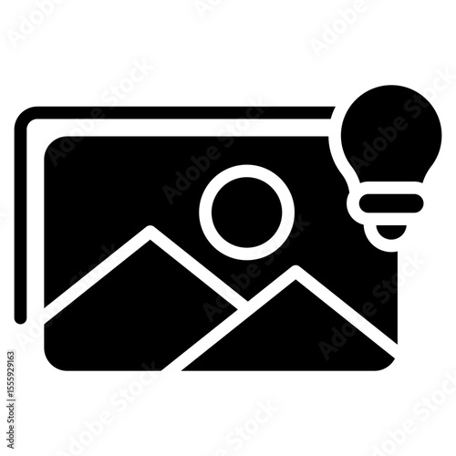 Creative Content Glyph Black Fill Silhouette Style Icon - Image and lightbulb indicate visual ideas and creative content generation