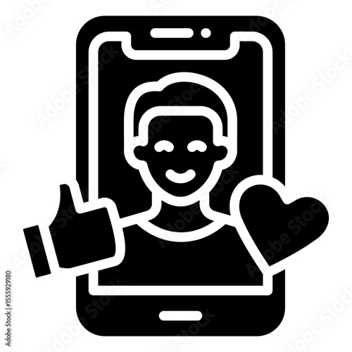 Influencer Post Glyph Black Fill Silhouette Style Icon - Person on smartphone screen with thumbs up and heart, indicating influencer or social endorsement