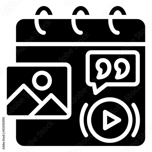 Media Schedule Glyph Black Fill Silhouette Style Icon - Calendar page with media thumbnails, representing a visual content calendar or publishing planner