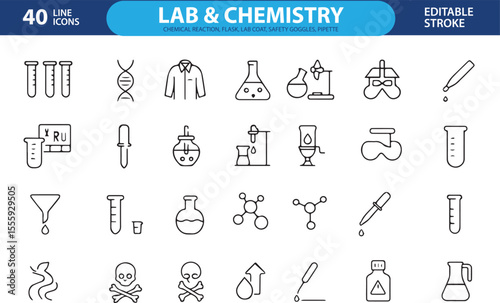 Lab and Chemistry Line Icons, Test Tube, Beaker, Microscope, Molecule, Bunsen Burner, Flask, DNA, Safety Goggles, and More , Editable Formats: AI, EPS, JPG, PNG , Ideal for Both Digital and Print Use