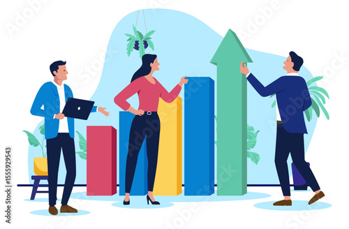 Team of businesspeople standing with a large green ascending arrow and bar charts, celebrating success and indicating significant business growth, profit, or goal achievement. Flat design vector