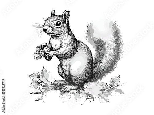 Vintage autumn squirrel engraving, hand-drawn forest animal, black sketch style, retro fall illustration, trendy seasonal decor, rustic woodland art, vintage wildlife print, rustic fall design