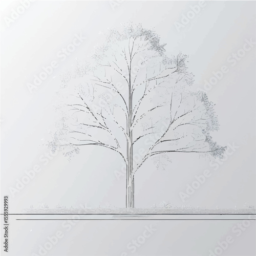 A solitary tree stands in a stark winter landscape, its bare branches silhouetted against the cold, white snow and sky