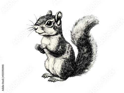 Vintage seasonal autumn squirrel engraving, retro forest animal illustration, black sketch style, trendy fall decor, hand-drawn woodland wildlife, rustic nature art, autumn forest print