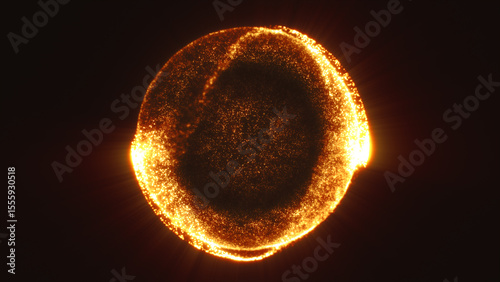 Glowing golden sphere with shimmering dots and orbit rings, symbolizing futuristic digital energy in motion