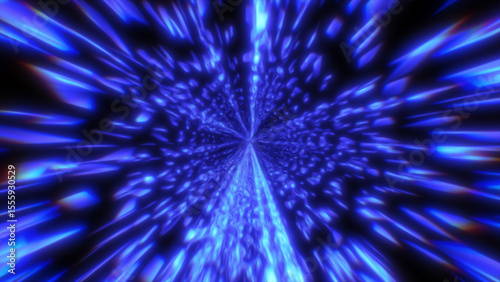 Bright blue light rays converge into a glowing vortex tunnel, creating a sense of rapid motion through a digital space