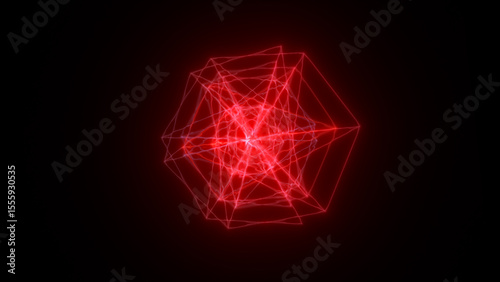 Glowing red geometric structure with dynamic energy lines radiating from the center on a dark background