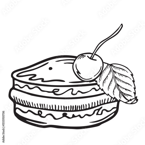 Vector illustration of macaron cake with cherry and mint leaf. Round outline vector macaron icon. Symbol, logo. Vector graphics. Adobe Illustrator Artwork