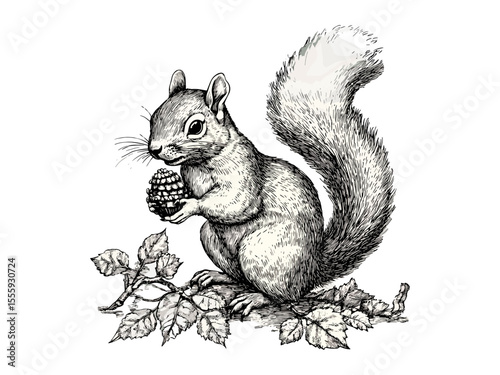 Hand-drawn autumn squirrel with acorn, vintage forest animal sketch, engraved woodland motif, seasonal nature decor, retro style black sketch, old engraving technique, rustic outdoor art