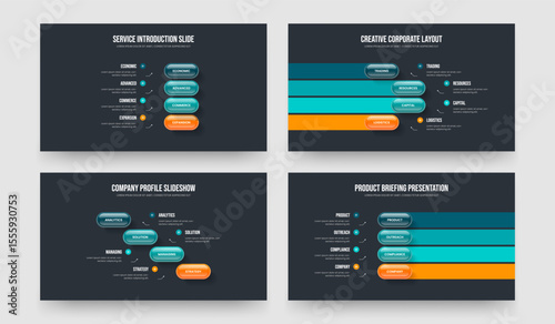 Product Overview Four Four Four Four Element Diagram Slideshow Layout Vector Illustration Set. Business Showcase 4 4 4 4 Option Infographic Presentation Design Bundle.