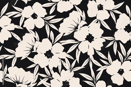 Elegant cream floral silhouettes bloom over a deep black background, creating a bold yet refined pattern ideal for fabric, wallpapers, and stylish decor.
