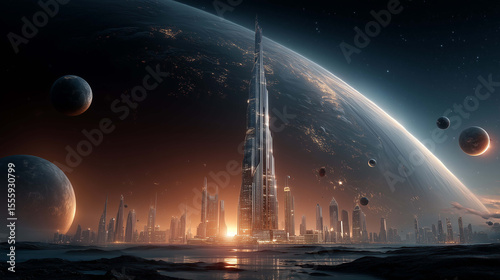 Skyscrapers in space, the symbol of future business rising beyond Earth's horizon