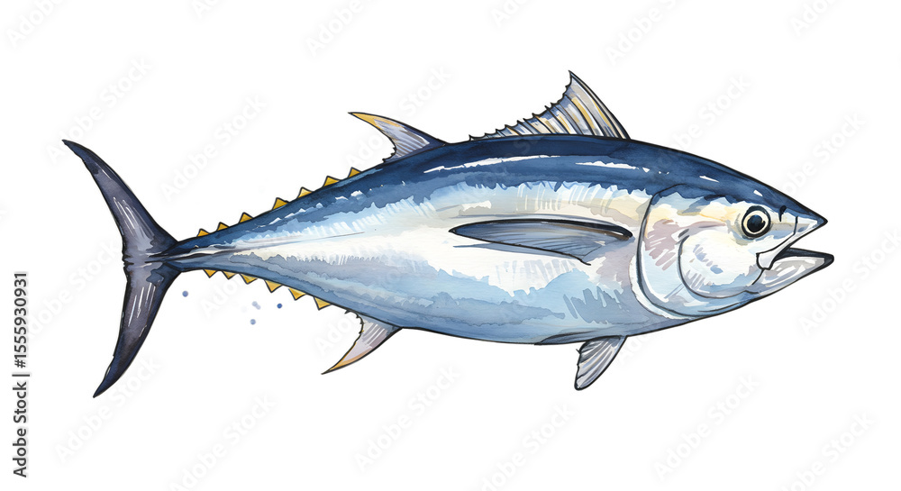 Fototapeta premium Watercolor Painting of a Tuna Fish, Aquatic Life Illustration watercolor png, transparent isolated nackground