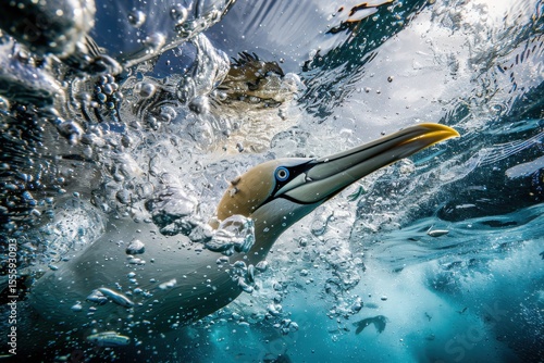 Northern Gannet Diving Hunting Fish Over Blue Ocean Surface