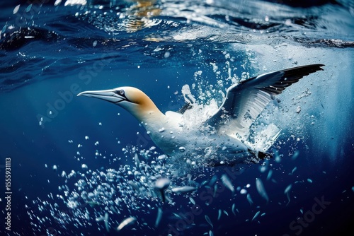 Northern Gannet Diving Underwater Hunting Fish in Deep Blue Ocean