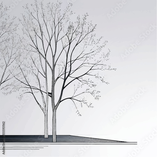 Drawings, Minimal style cad tree line drawing, Side view, plan and section forest outline symbol for landscape design drawing. Vector illustration in stroke fill in white